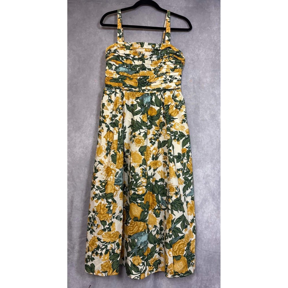 Abercrombie & Fitch Yellow Floral Butterfly Midi Dress Pockets Smocked Back M - Picture 2 of 11